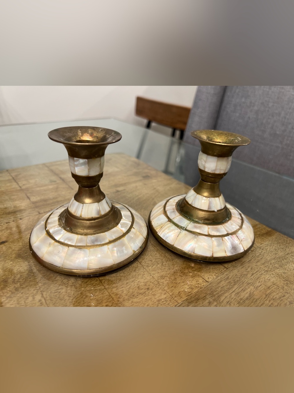 vintage brass and mother-of-pearl inlay candlestick holders